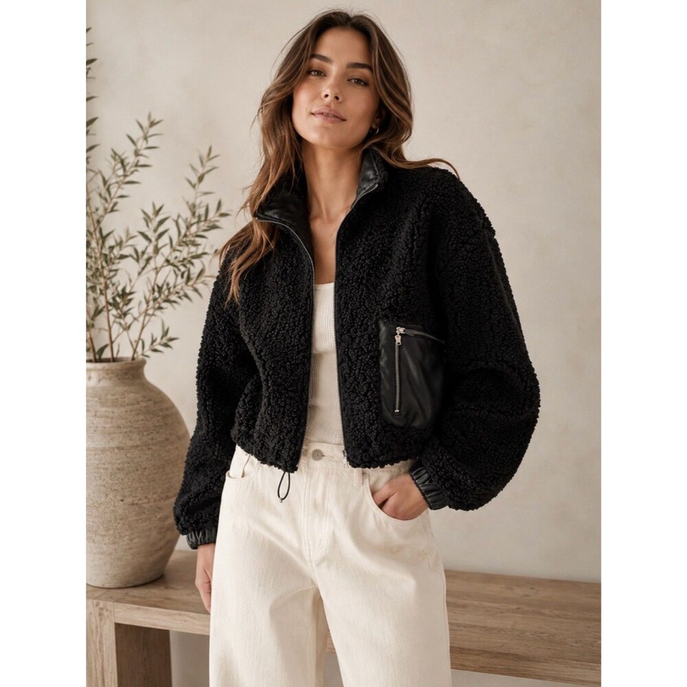 BlankNYC Moto Teddy Sherpa Cropped Bomber Jacket Black Faux Leather Trim XS